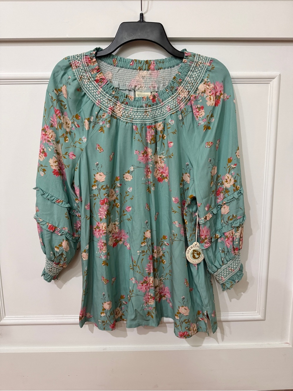 Spartina 449 Mint Green Floral Smocked-Neck Blouse